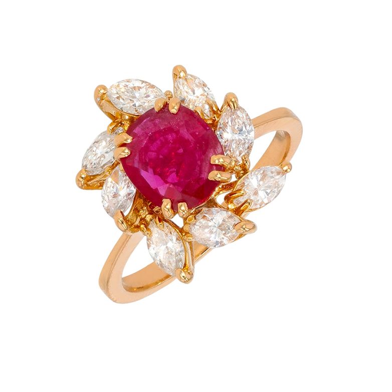 Bague marguerite rubis 1.52 carat et diamants 0.64 carat or jaune 4.59g Comme neuf -  reconditionné disponible sur Gemme Les Bijoux